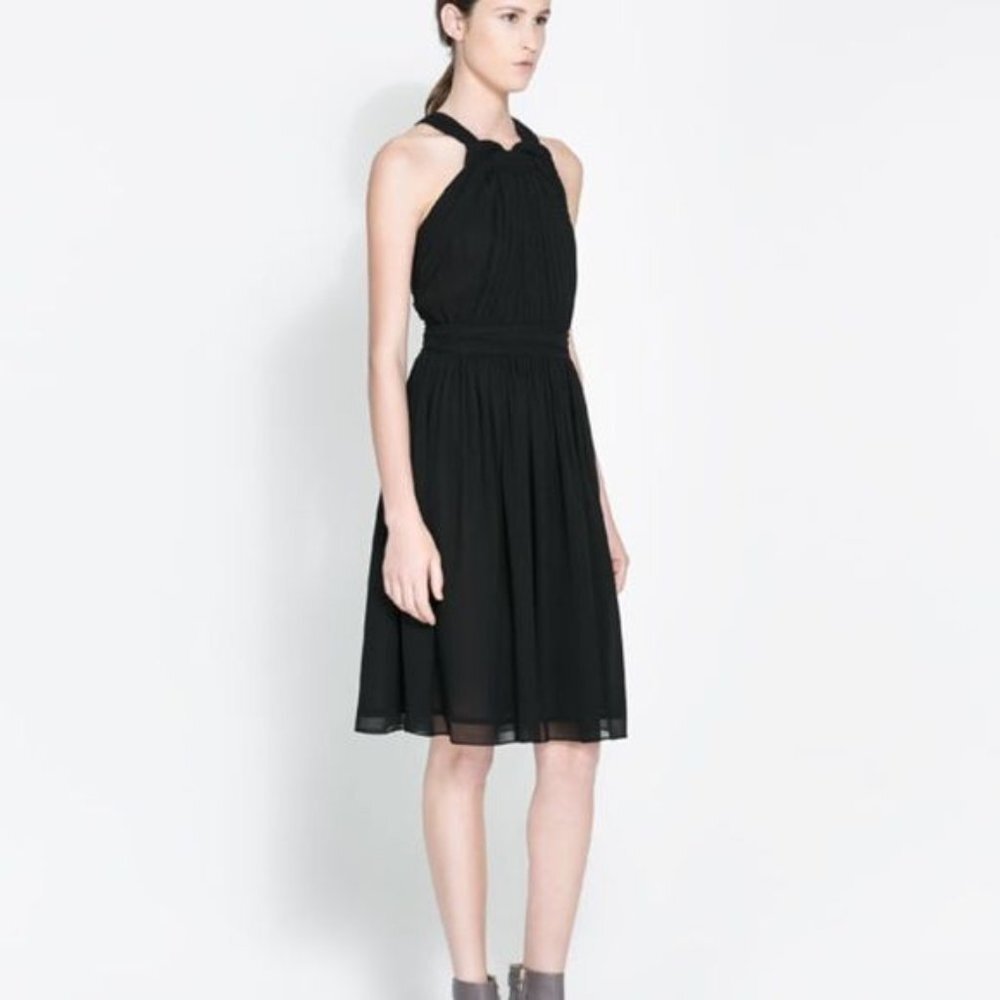 Zara Basic Black Halter Neck Midi Wedding Chiffon Dress P6640